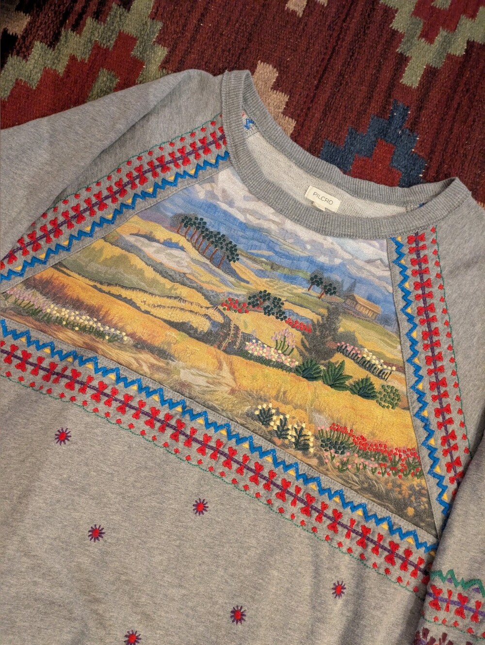 Embroidered Pullover Sweatshirt Country Scene Pilcro Anthropologie 100% Cotton - Picture 7 of 14